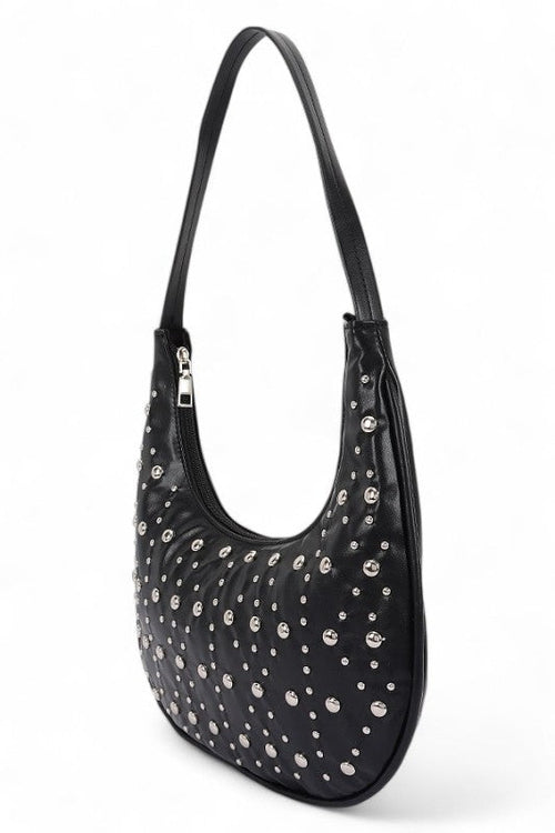 Black handbag with silver studs on a white background