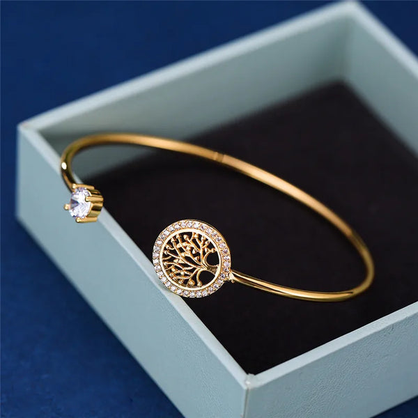 White Zircon Tree of Life Bracelet | Dainty Rose Gold Adjustable Jewelry for Women