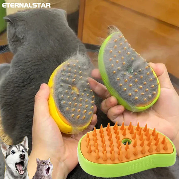 Pet grooming brush with collected fur, held by a person, with a cat in the background.