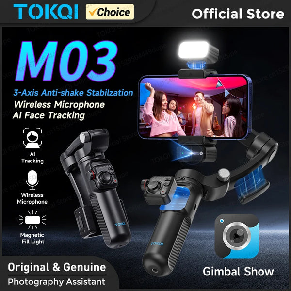 TOKQI M03 Handheld Gimbal 3-Axis AI Tracking Stabilizer with Wireless Microphone for Smartphones Shooting Vlog, with Fill Light