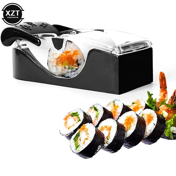 Sushi rolling machine with a roll of sushi and shrimp on a white background