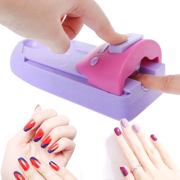 Pink and purple nail clipper being used on a white background