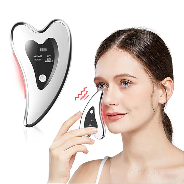 Woman using a facial massager device on her face with a close-up of the device on the left.