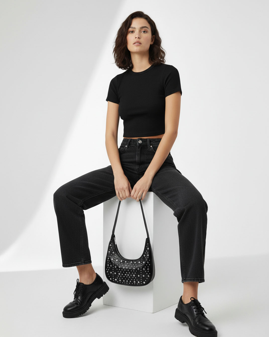 Metal Studded Y2K Shoulder Bag – Black Retro Purse for Women by Grabigo