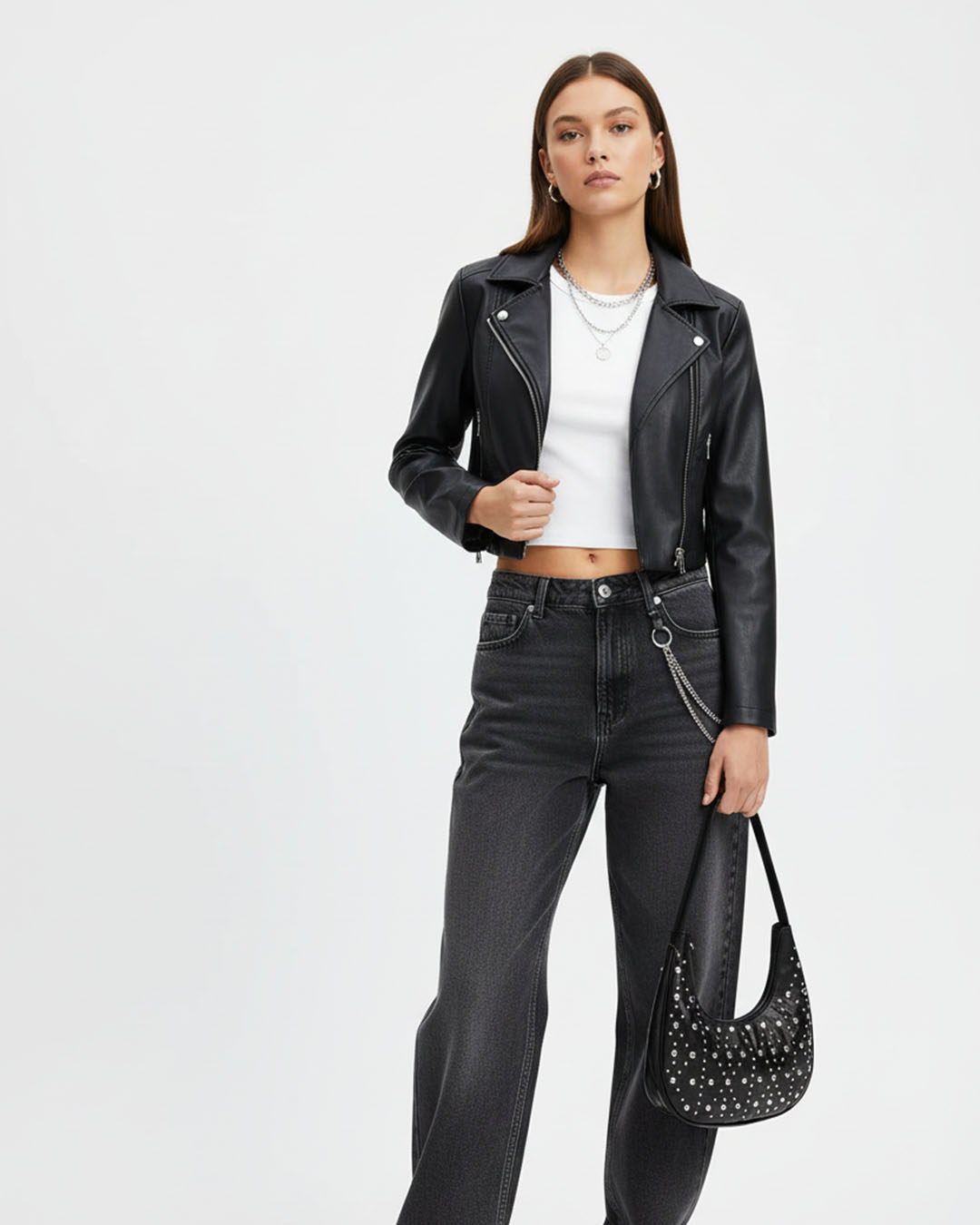 Black Y2K Shoulder Bag with Silver Studs – Trendy Retro Style Purse by Grabigo