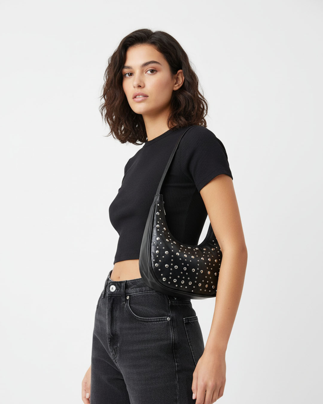 Trendy Retro Shoulder Bag with Metallic Studs – Y2K Aesthetic Fashion Bag